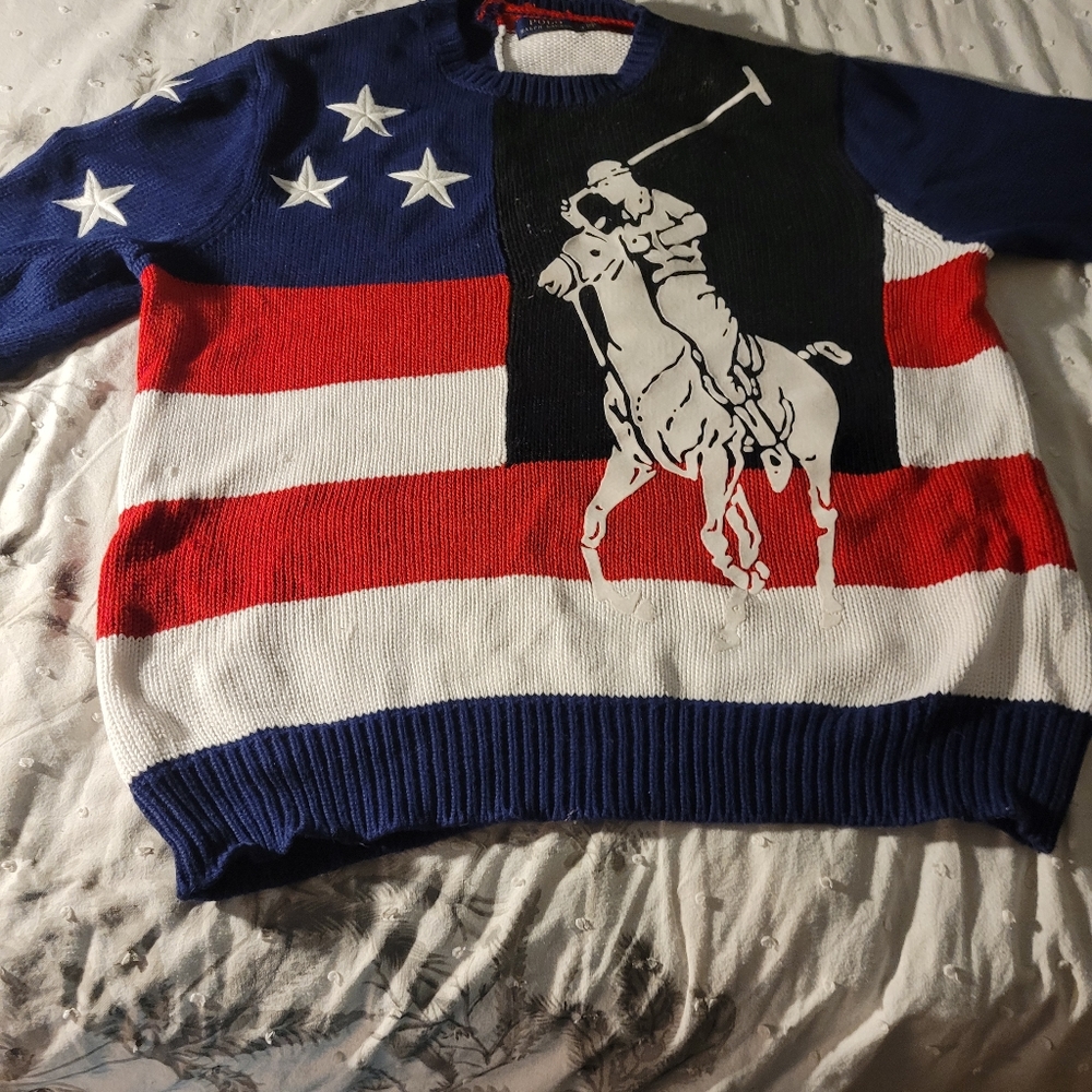 Polo Ralph Lauren Vintage Big Pony Polo USA Flag Sweater Size Large